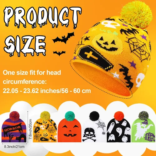 Vista 2 de 6 gorros de Halloween con patrón de fantasma, gorro de punto cálido y elástico de invierno para hombres y mujeres adultos, regalos de Halloween