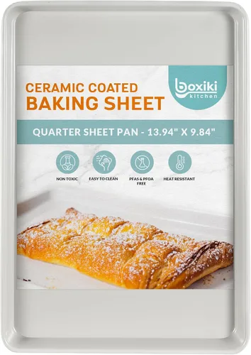 Vista 9 de Boxiki Kitchen Bandeja antiadherente para hornear y galletas, no tóxica de acero al carbono con borde de 11 x 14 pulgadas. Resistente a abolladuras