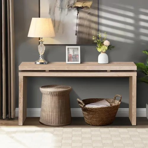 Vista 10 de Mesa de entrada de madera retro de 60 pulgadas, mesa consola de granja natural con diseño de suspensión de doble tablero para sala de estar, fácil