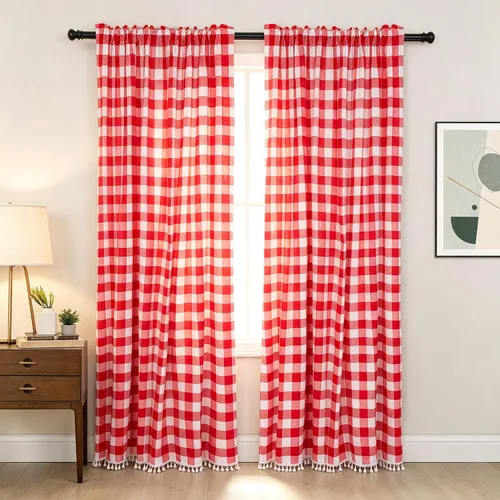 Vista 11 de ShinyBeauty Cortinas de cocina a cuadros negros de búfalo 2 paneles de cortinas opacas con borlas y bolsillo para barra, cortinas opacas de 63