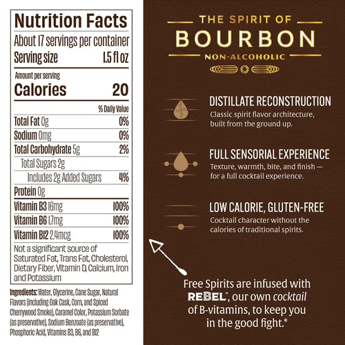 Vista 2 de Free Spirits Zero Proof Bourbon Alternative, Whisky Style Spirit, 25.4 fl oz Award Winning Non-Alcoholic Bourbon for Mocktails, Low Calorie