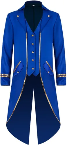 Vista 15 de Chaqueta larga estilo steampunk gótico medieval vintage para hombre, estilo victoriano, con botones, abrigo de golondrina, uniforme Azul