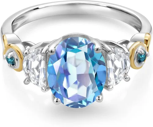 Vista 2 de Anillo ovalado de 3 piedras de plata 925 y oro amarillo de 10 quilates, cuarzo místico azul milenio y piedra gema, moissanita creada por King