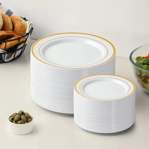 Vista 7 de AOZITA Juego de 200 piezas de platos de plástico dorados, platos desechables resistentes para fiesta y boda, incluye 100 platos de cena y 100 platos