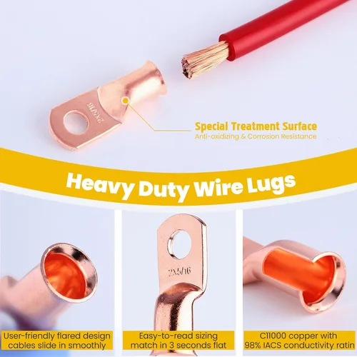 Vista 26 de TKDMR - Kit de 264 piezas de extremos de cable de batería, 132 piezas de terminales de anillo de lengüetas de cable de cobre resistentes AWG 8 6 4 2