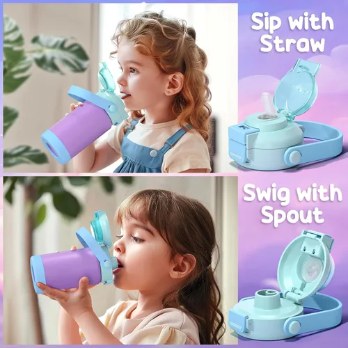 Vista 3 de Botella de agua aislada para niños con pop-open pajita y pico 2-en-1, botella de agua aislada de 14 onzas para niños, botella de acero inoxidable