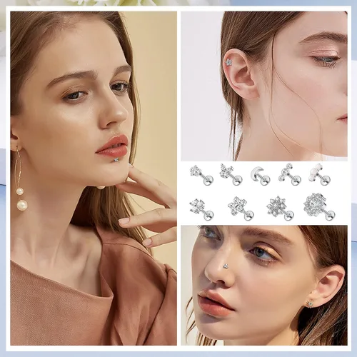 Vista 3 de Florideco 9 anillos de labios de acero inoxidable de 16 G, aretes de labret Monroe, anillo de labio de circonita cúbica, ópalo de nariz, aretes