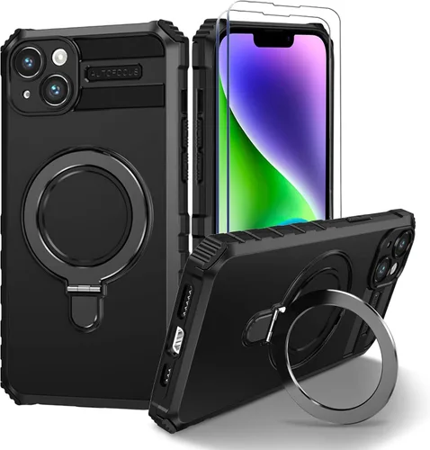 Vista 23 de Funda magnética para iPhone 11 [compatible con MagSafe] con 2 protectores de pantalla de vidrio templado con soporte de anillo, grado militar Azul