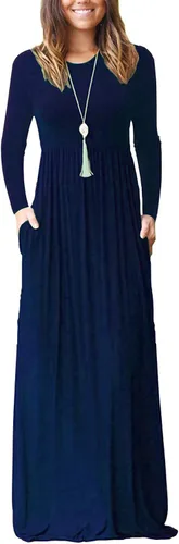 Vista 21 de Vestido de manga larga para mujer, holgado, liso, largo, estilo informal, con bolsillos. 01-verde militar