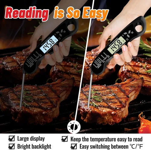 Vista 3 de Termómetro de carne, termómetro digital impermeable IP67 con luz de fondo, función de sujeción e imán para parrilla, barbacoa, dulces, carne de res