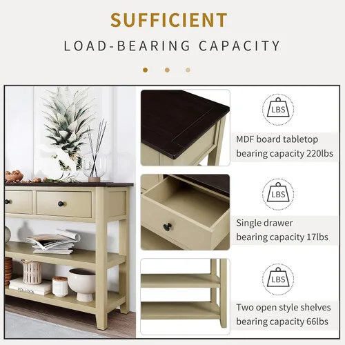 Vista 6 de Knocbel Rustic Entryway Console Table with 3 Storage Drawers and Open Shelves, Entry Hallway Foyer Behind Sofa Couch Long Table, Easy Assembly (Tan)
