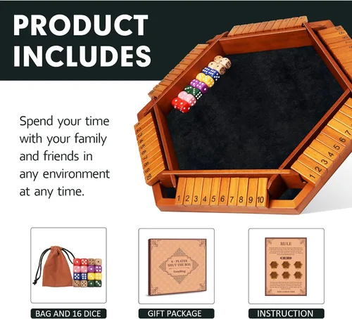 Vista 2 de TooyBing - Juego mejorado de dados Shut The Box, juego de mesa de madera para la familia de 1 a 6 jugadores para niños y adultos con 16 dados, juego