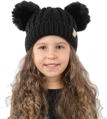 Vista 3 de Funky Junque Gorro de punto para niñas con doble pompón de piel sintética suave y cálida para invierno