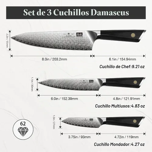 Vista 5 de SHAN ZU Juego de cuchillos de damasco de 3 piezas, juego de cuchillos
