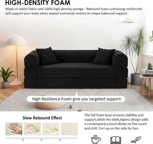 Vista 4 de Sofá cama convertible de 80 pulgadas, sofá cama plegable de pana con almohadas, sofá de compresión moderno sin hueso sin montaje, sofá de compresión