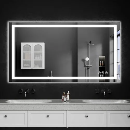 Vista 9 de Espejo de baño LED de 30 x 48 pulgadas con luces, regulable, antivaho, espejo de tocador de baño para pared, retroiluminado + luz frontal, función