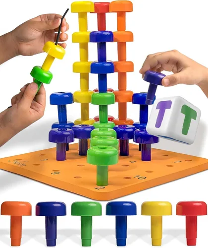 Vista 10 de Juego de tablero de clavijas, Montessori, 33 piezas de plástico, clavijas, dados, cordones Juguetes de terapia ocupacional con clavijas, dados