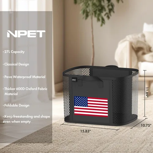 Vista 2 de NPET Cesta de lavandería plegable de 27 litros con material impermeable de PEVA, bolsa de almacenamiento para ropa, dormitorio y hogar Bandera