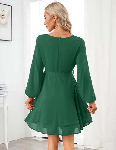 Vista 6 de KOJOOIN Vestidos de patinadora para mujer, sexy, cuello en V, manga corta, lazo en la cintura, con volantes, bohemio, con vuelo, mini vestido