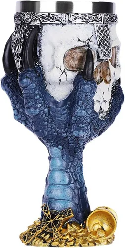 Vista 2 de Taza de cáliz de vino con diseño de calavera para Halloween, gótico de vikingos, osario, esqueleto, taza de café, medieval, guerrero, garra