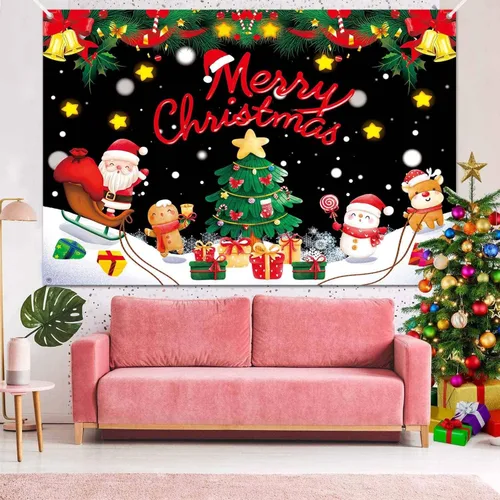 Vista 4 de Banner Telón de Fondo Feliz Navidad Suministros de Decoraciones de Fiesta Navideña de Santa Nieve Invernal Árbol de Navidad Fiesta Navideña Fondo