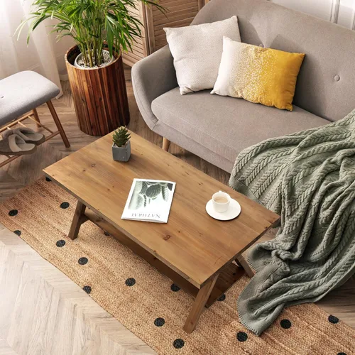 Vista 4 de HOKYHOKY Mesa de centro de madera maciza – 42.5 pulgadas Firwood Farmhouse Mesas de centro de madera rústica para sala de estar, mesa de centro