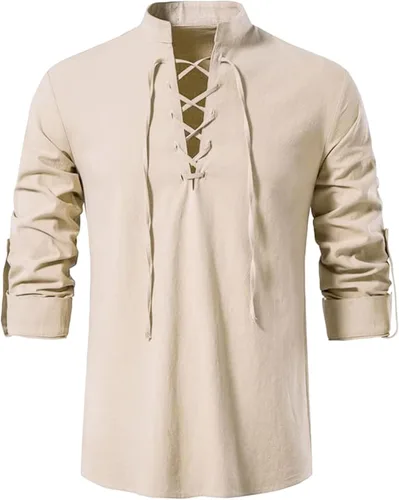 Vista 8 de Camisas de manga larga para hombre, estilo retro, con cordones para disfraz medieval, vikingo, hippie, Halloween, cosplay, pirata, renacentista