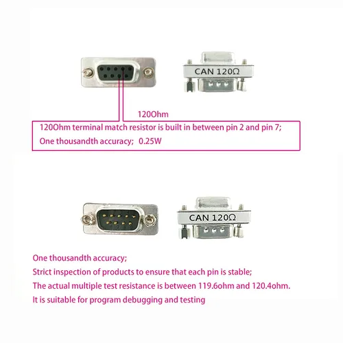 Vista 4 de CAN DB9 - Adaptador DB9 de 120 ohmios, conector de terminal macho a hembra CAN Bus DB9 con resistencia de alta precisión de 120 ohmios