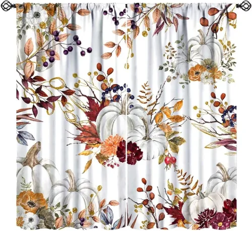 Vista 14 de Cortinas de calabaza de animales, lindos dibujos animados de animales del bosque, hojas de otoño y hongos, estampado de hojas y hongos, tratamientos