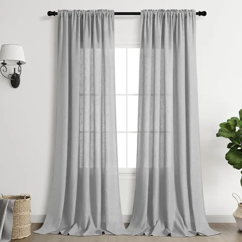 Vista 78 de Cortinas de lino verde aguamarina de 84 pulgadas de largo, juego de 2 paneles semitransparentes con bolsillo para barra para comedor, decoración