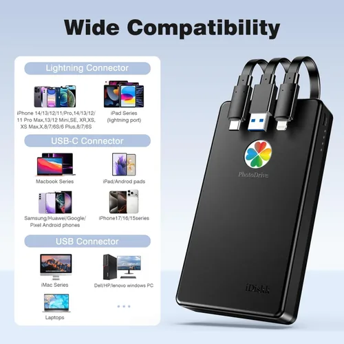 Vista 3 de iDiskk Disco duro externo de 500 GB con certificación MFi de Apple, almacenamiento de archivos de fotos y video con un solo clic, compatible