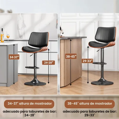 Vista 6 de Juego de 1 taburetes de bar giratorios de madera curvada ajustables para encimera de cocina, moderna silla de bar tapizada de piel sintética