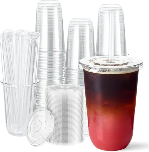 Vista 8 de Vplus Paquete de 100 tazas de café helado de 12 onzas con tapas, vasos de plástico desechables con tapas y popotes para bebidas frías, jugos