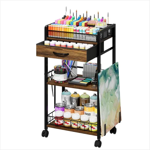 Vista 10 de Homsorout Carro Rodante de 3 Niveles - Carro Utilitario de Metal con Cajón de Almacenamiento y Ruedas, Organizador Versátil de Arte y Manualidades