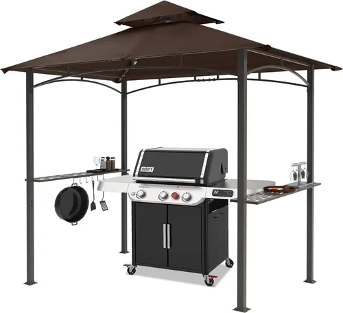 Vista 10 de MASTERCANOPY Gazebo de parrilla de 8 x 5 para exteriores, toldo con 2 luces LED (costuras marrones caqui)