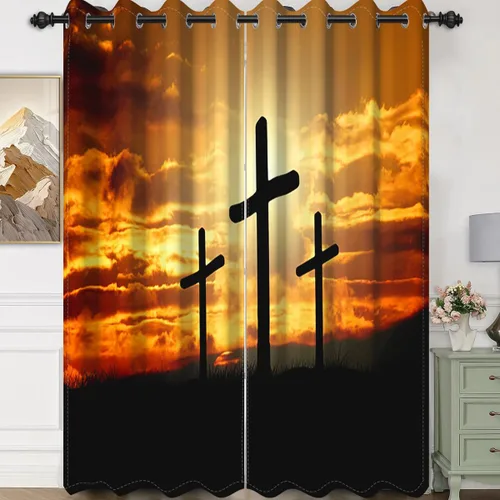 Vista 6 de Cortinas opacas con cruz de Jesús para ventana, puesta de sol, montaña, estilo cristianismo, juego de 2 paneles para sala de estar, dormitorio