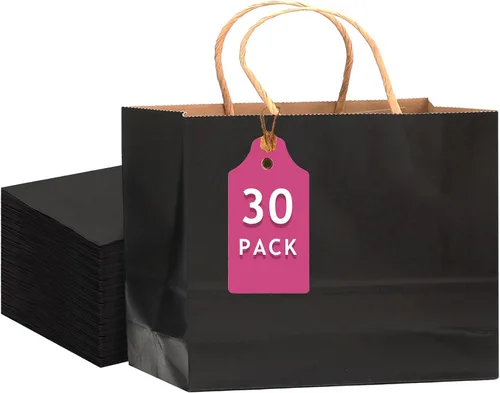 Vista 12 de qiqee Paquete de 26 bolsas de regalo negras con asas a granel de 8.3 x 3 x 6 pulgadas, bolsas de papel kraft de tamaño pequeño para fiestas