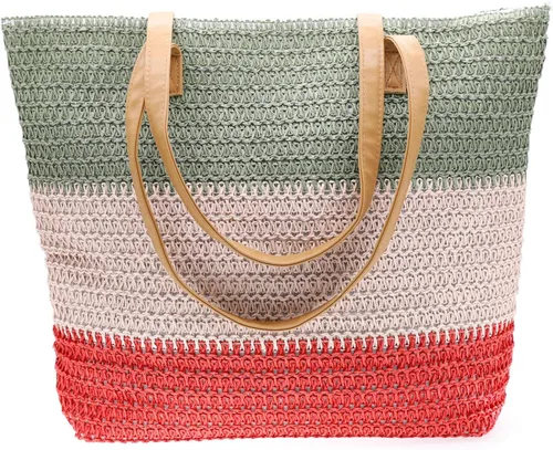 Vista 28 de Bolso grande de paja para mujer, tejido de ratán, bolso de playa de verano, a rayas