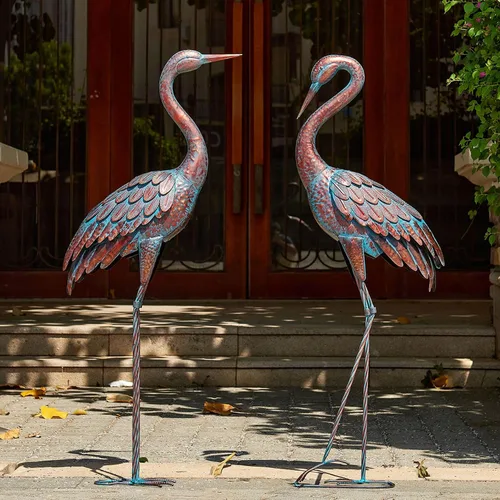 Vista 11 de Kircust Estatuas de Garza Azul para Exteriores Esculturas de Garza de Jardín de Metal, Arte de Patio de Pájaros Grande 47-48 Pulgadas, Juego de 2