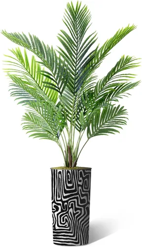 Vista 2 de Árbol artificial en macetero con patrón geométrico moderno, palmera tropical areca artificial de seda para decoración del hogar en interiores