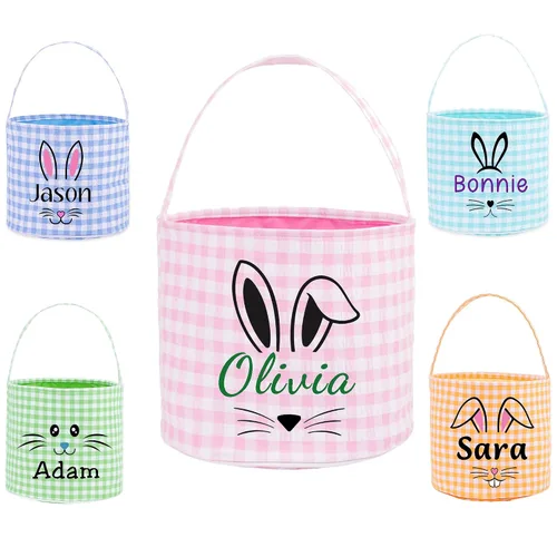 Vista 8 de Cesta de Pascua personalizada, cubos de Pascua con orejas de conejito de peluche personalizados para niños, huevos, caza, fiesta de Pascua, bolsa