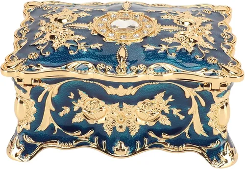 Vista 2 de TOPINCN Organizador de baratijas, caja de joyería para prevención de óxido, aleación de zinc, elegante para aniversario (azul dorado)
