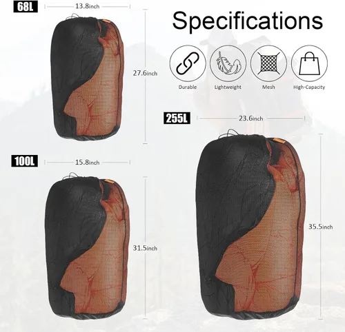 Vista 2 de 1 saco de dormir de malla de 68L, bolsa de almacenamiento, bolsa de lavandería con cordón, malla de poliéster resistente al desgarro, parte inferior