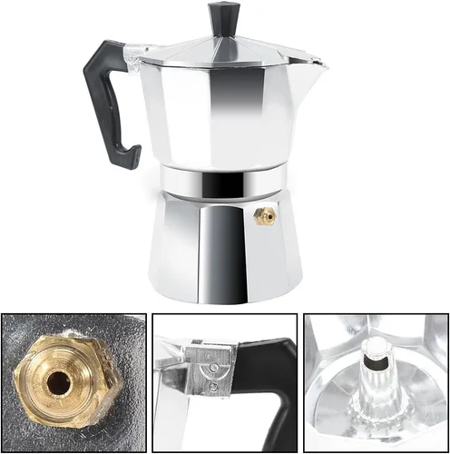 Vista 3 de Haofy Cafetera de aluminio, cafetera de café expreso expreso, cafetera italiana, adecuada para estufa de gas (5.1 fl oz)