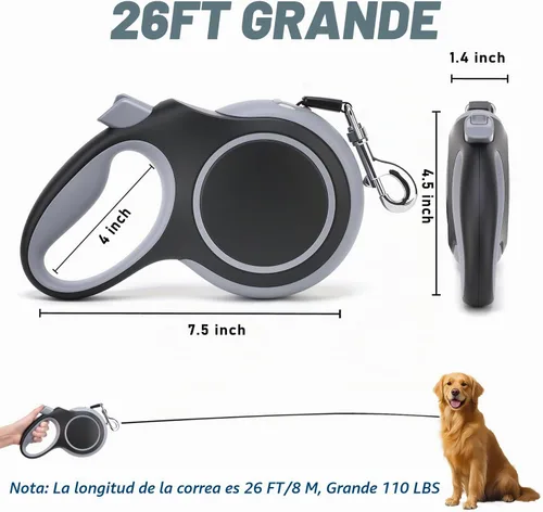 Vista 2 de Correa retráctil para perro de 26 pies, gran correa resistente para perros de hasta 110 libras, mango de goma antideslizante, freno con una sola