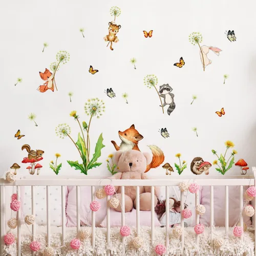 Vista 3 de Calcomanías de pared de dibujos animados con diseño de mariposas y animales para bebé, calcomanías de pared de plantas de diente de león, hojas