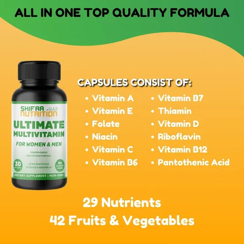 Vista 7 de SHIFAA NUTRITION Multivitaminas halal para mujeres, hombres y adultos, 30 porciones Hierro, vitamina A, B6, B12, biotina, niacina, C, D3, E, zinc