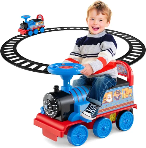 Vista 13 de OLAKIDS Kids Ride On Train with Track, 6V Electric Toy with Lights and Sounds, Retractable Footrest, Under Seat Storage, Christmas Theme Battery