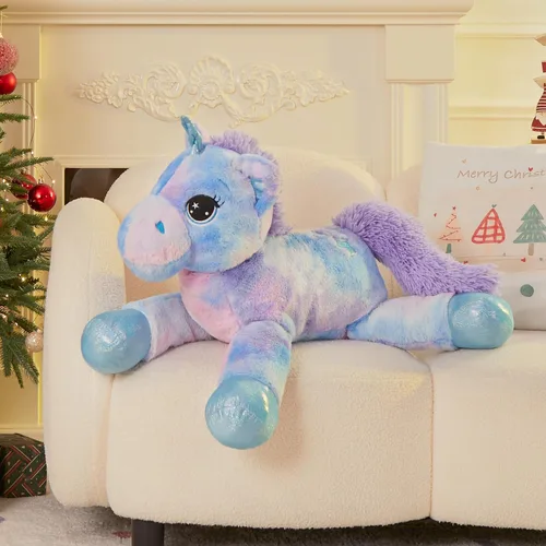Vista 5 de Muiteiur Animal de peluche de unicornio de 31.6 pulgadas, unicornio de peluche grande para niñas, almohada de felpa suave, regalos para niñas y Azul