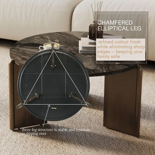 Vista 7 de Mesa de centro redonda de mármol negro con tres patas de madera de nogal, mesa central moderna para sala de estar, decoración del hogar, oficina